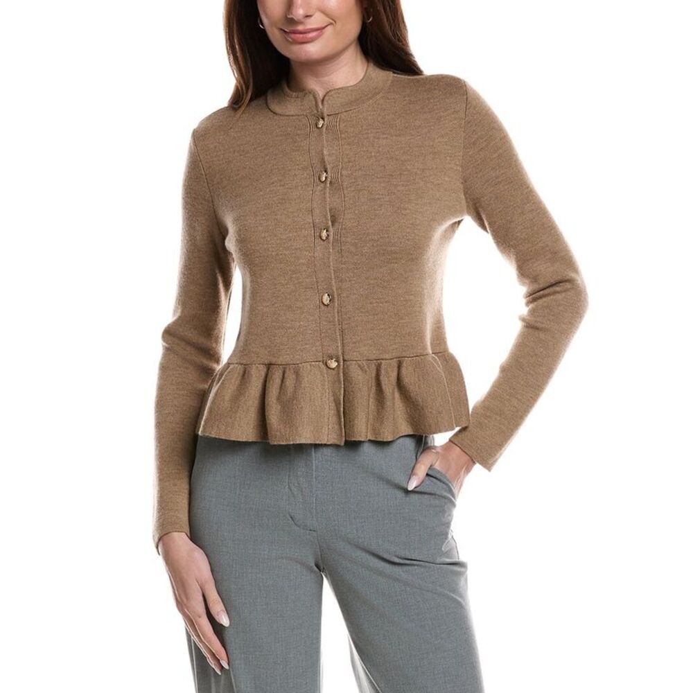 Bruno Magli Womens Merino Wool Peplum Sweater Jacket, Tan